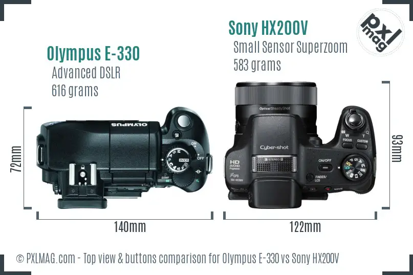 Olympus E-330 vs Sony HX200V top view buttons comparison