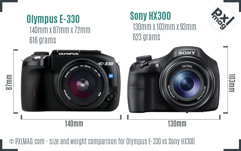 Olympus E-330 vs Sony HX300 size comparison