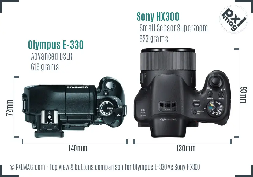 Olympus E-330 vs Sony HX300 top view buttons comparison