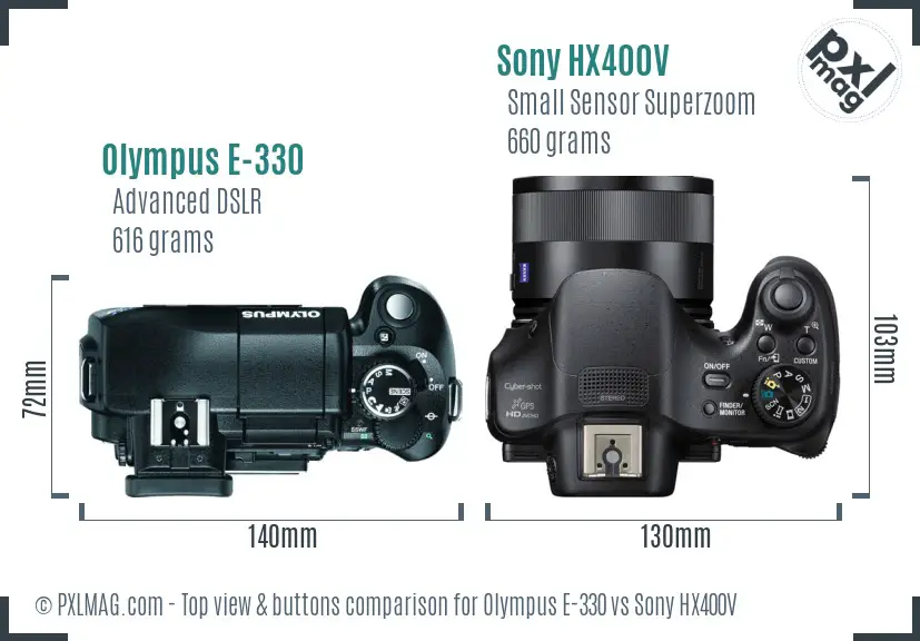 Olympus E-330 vs Sony HX400V top view buttons comparison