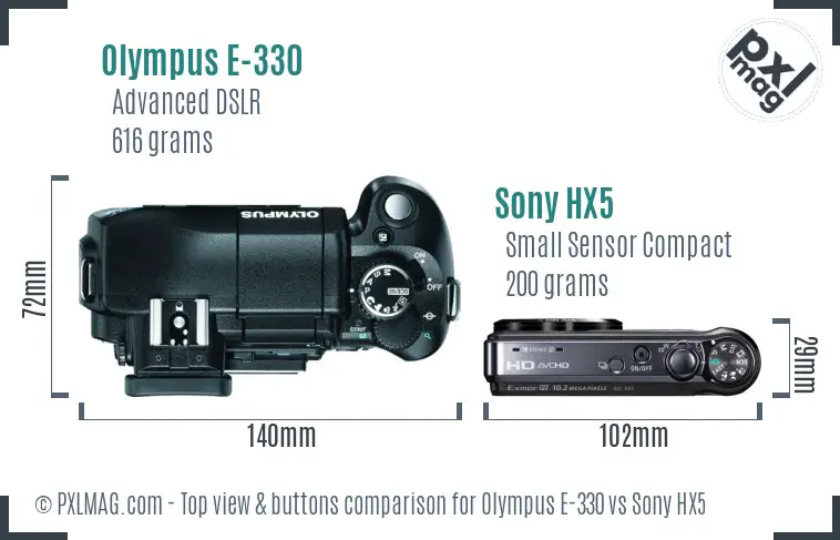 Olympus E-330 vs Sony HX5 top view buttons comparison