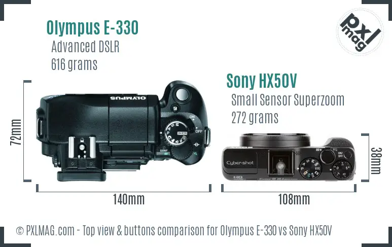 Olympus E-330 vs Sony HX50V top view buttons comparison