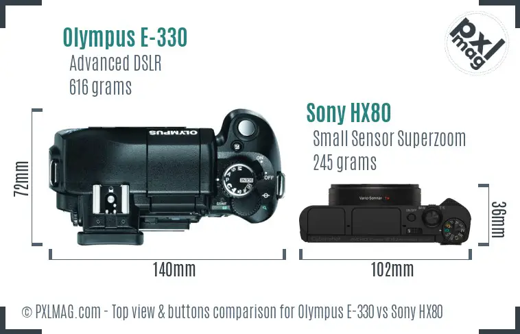 Olympus E-330 vs Sony HX80 top view buttons comparison
