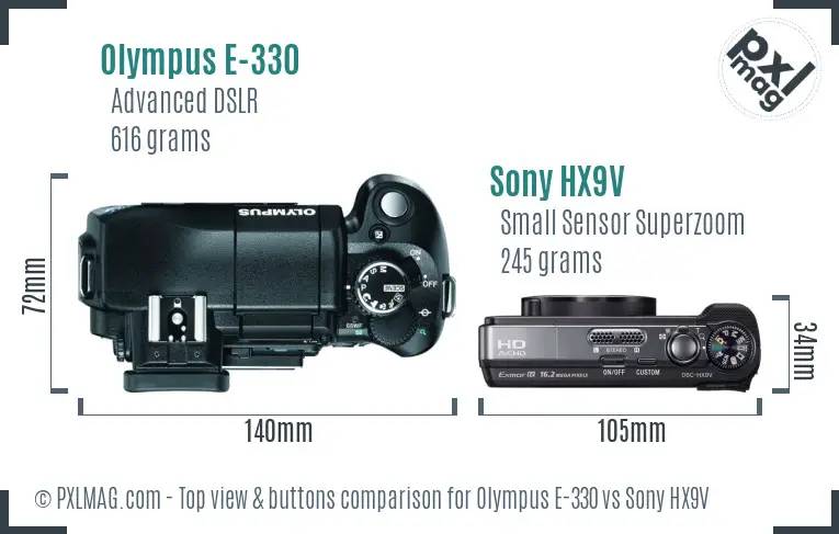 Olympus E-330 vs Sony HX9V top view buttons comparison