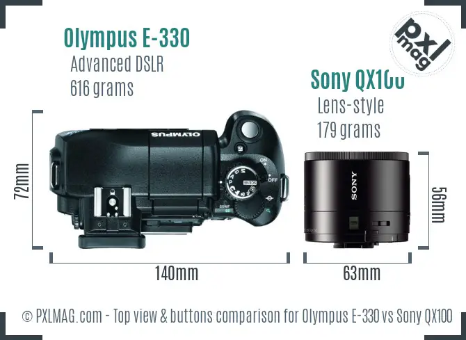 Olympus E-330 vs Sony QX100 top view buttons comparison