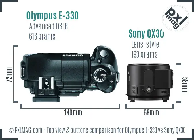 Olympus E-330 vs Sony QX30 top view buttons comparison