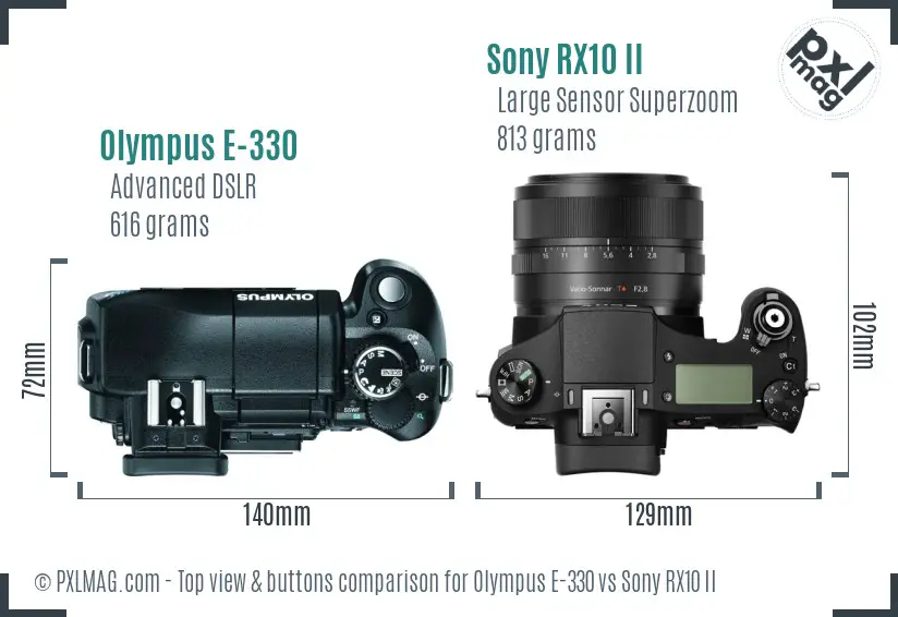 Olympus E-330 vs Sony RX10 II top view buttons comparison