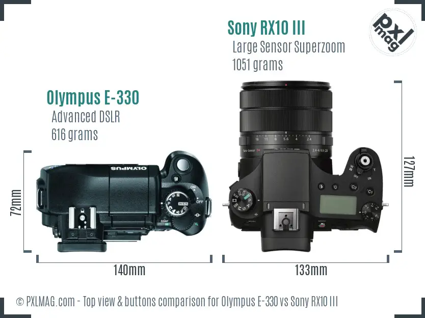 Olympus E-330 vs Sony RX10 III top view buttons comparison