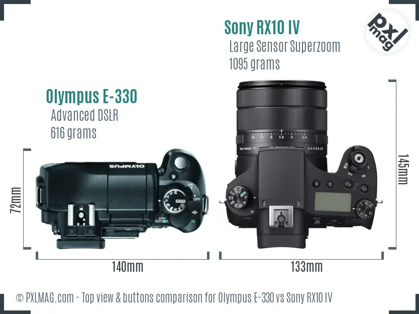 Olympus E-330 vs Sony RX10 IV top view buttons comparison
