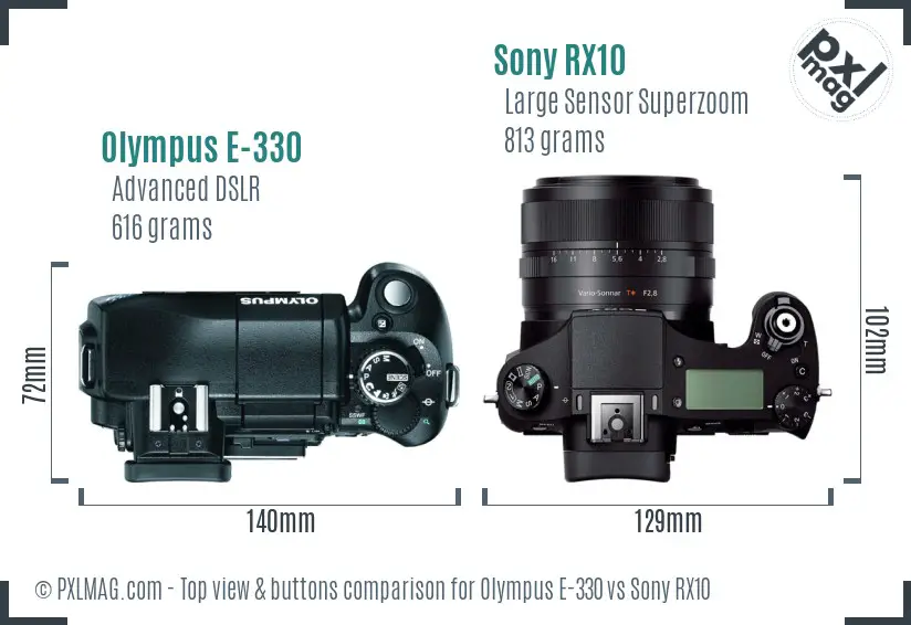 Olympus E-330 vs Sony RX10 top view buttons comparison