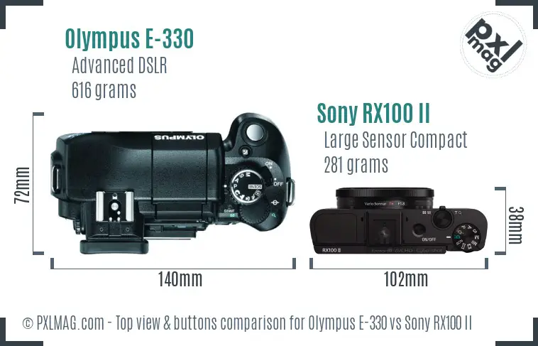 Olympus E-330 vs Sony RX100 II top view buttons comparison