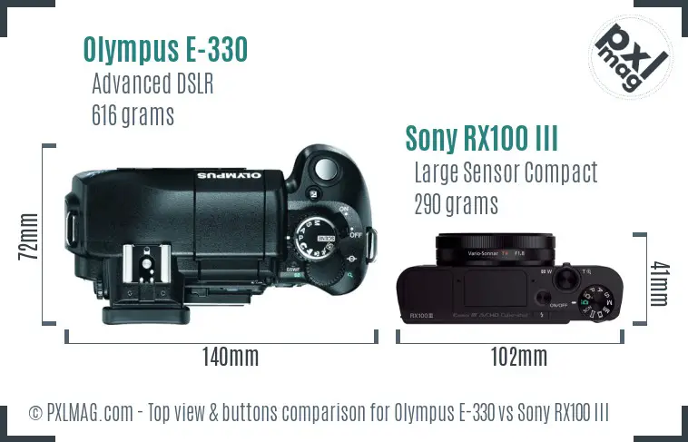 Olympus E-330 vs Sony RX100 III top view buttons comparison