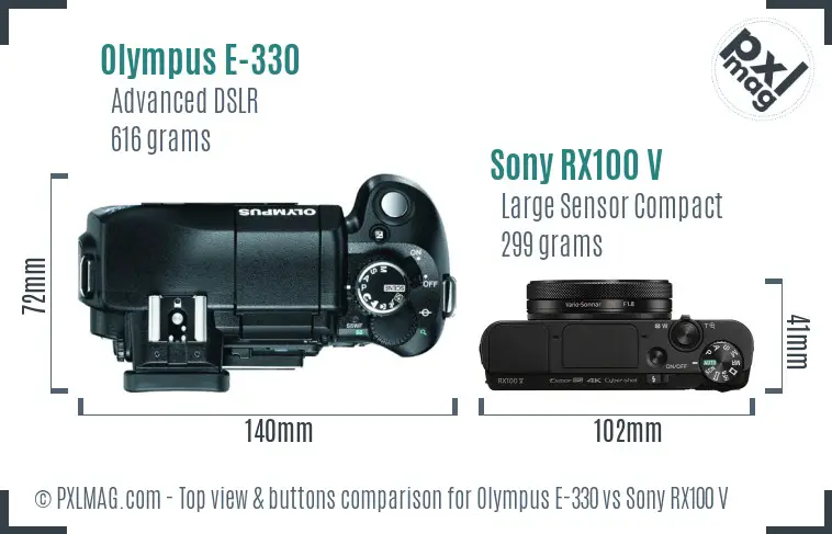 Olympus E-330 vs Sony RX100 V top view buttons comparison