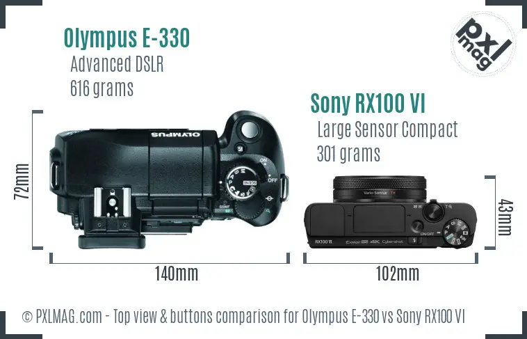 Olympus E-330 vs Sony RX100 VI top view buttons comparison Olympus E-330 vs Sony RX100 VI top view buttons comparison