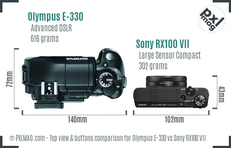 Olympus E-330 vs Sony RX100 VII top view buttons comparison Olympus E-330 vs Sony RX100 VII top view buttons comparison