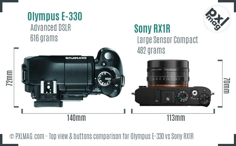 Olympus E-330 vs Sony RX1R top view buttons comparison Olympus E-330 vs Sony RX1R top view buttons comparison