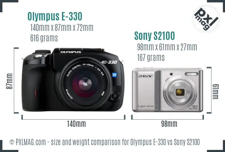 Olympus E-330 vs Sony S2100 size comparison Olympus E-330 vs Sony S2100 size comparison