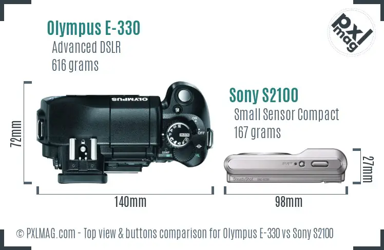 Olympus E-330 vs Sony S2100 top view buttons comparison Olympus E-330 vs Sony S2100 top view buttons comparison