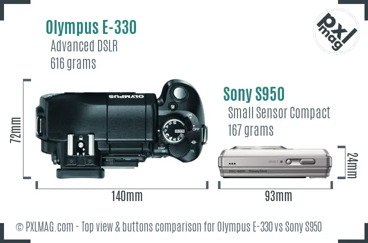 Olympus E-330 vs Sony S950 top view buttons comparison Olympus E-330 vs Sony S950 top view buttons comparison