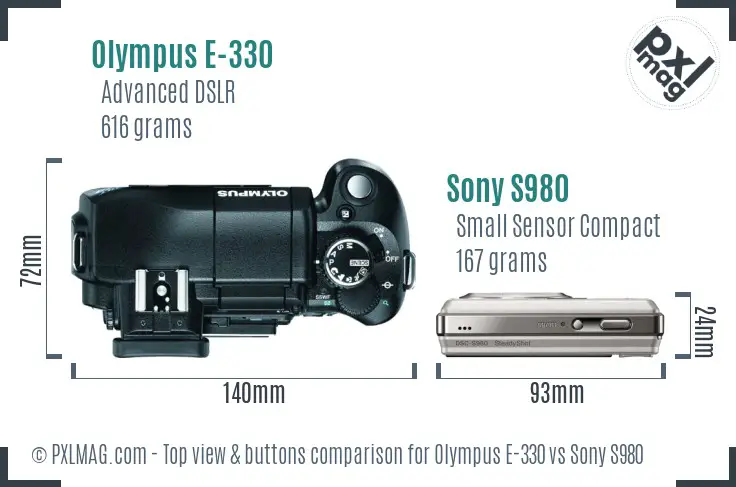 Olympus E-330 vs Sony S980 top view buttons comparison