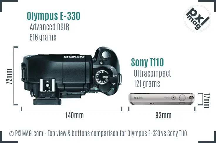 Olympus E-330 vs Sony T110 top view buttons comparison