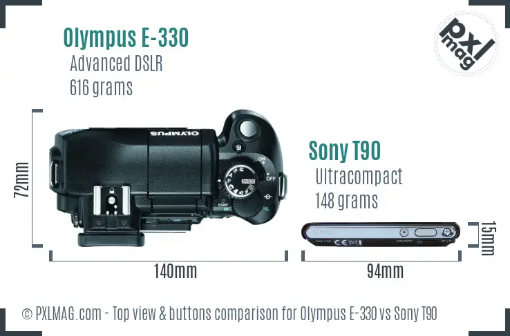Olympus E-330 vs Sony T90 top view buttons comparison