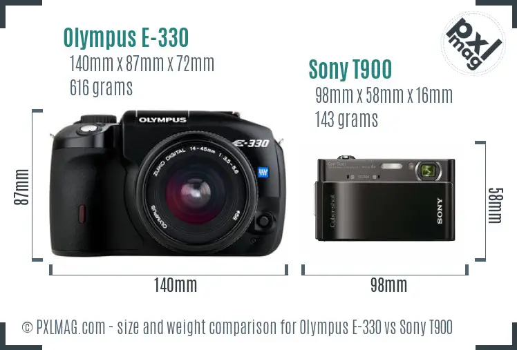 Olympus E-330 vs Sony T900 size comparison