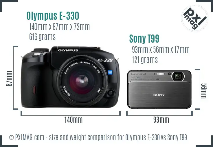 Olympus E-330 vs Sony T99 size comparison
