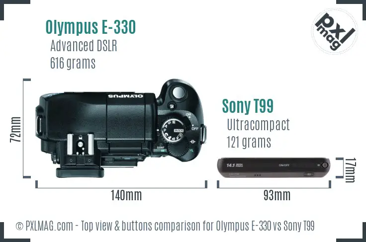 Olympus E-330 vs Sony T99 top view buttons comparison