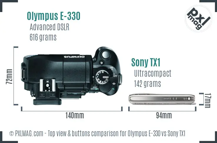 Olympus E-330 vs Sony TX1 top view buttons comparison