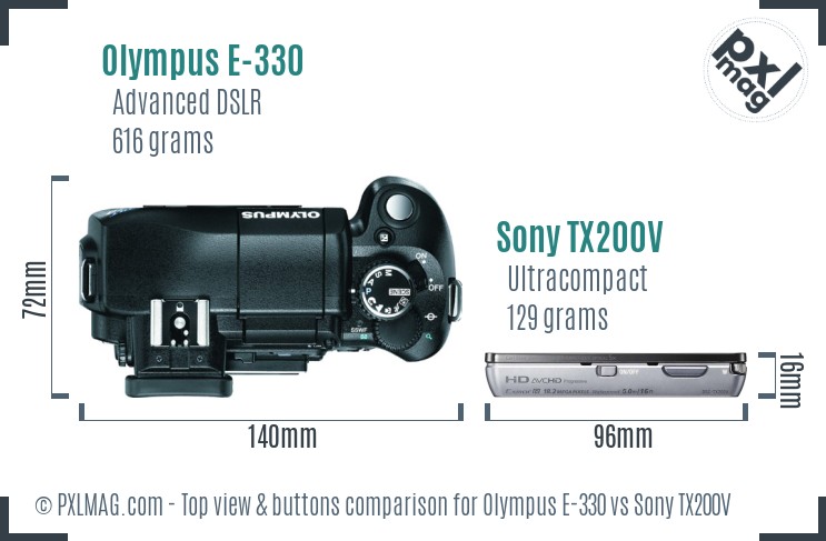 Olympus E-330 vs Sony TX200V top view buttons comparison