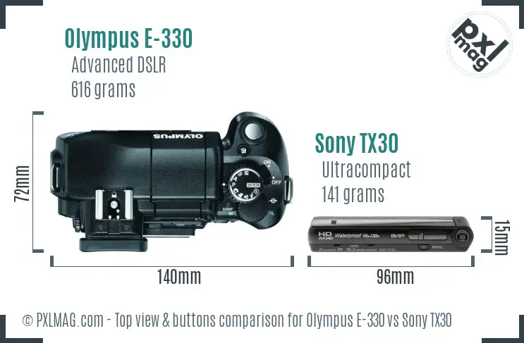 Olympus E-330 vs Sony TX30 top view buttons comparison
