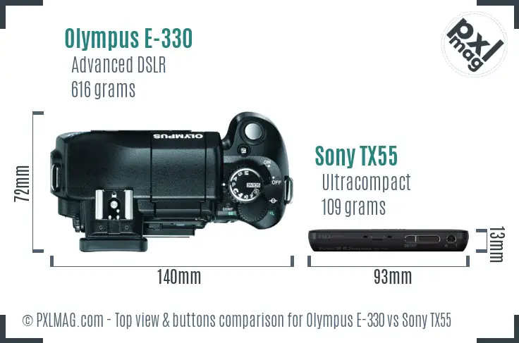 Olympus E-330 vs Sony TX55 top view buttons comparison