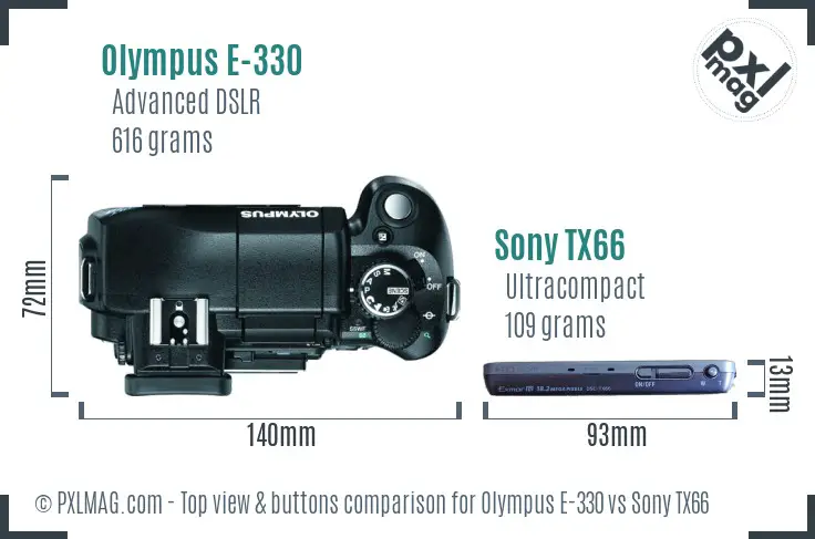 Olympus E-330 vs Sony TX66 top view buttons comparison Olympus E-330 vs Sony TX66 top view buttons comparison