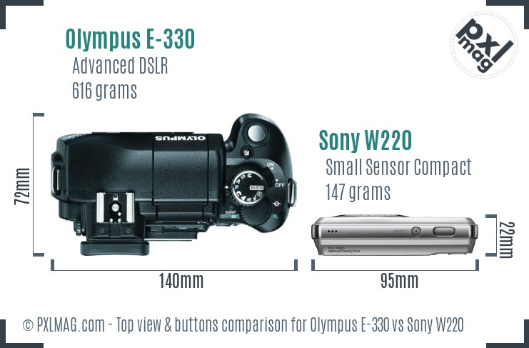 Olympus E-330 vs Sony W220 top view buttons comparison