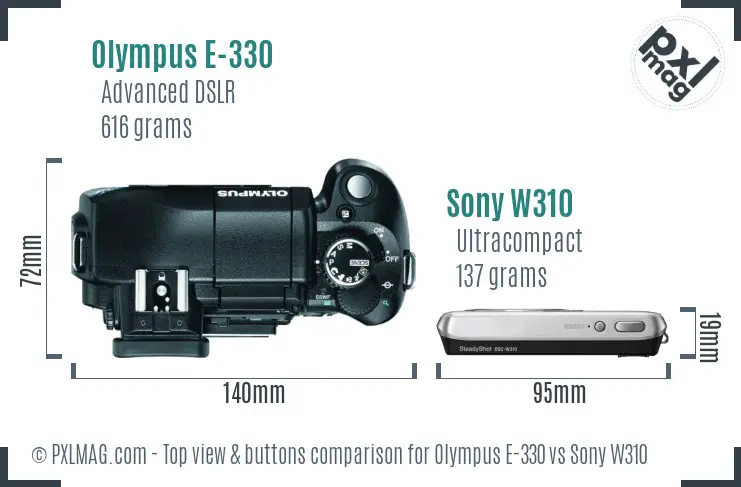 Olympus E-330 vs Sony W310 top view buttons comparison