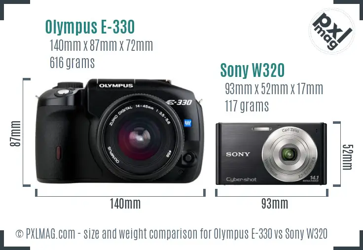 Olympus E-330 vs Sony W320 size comparison