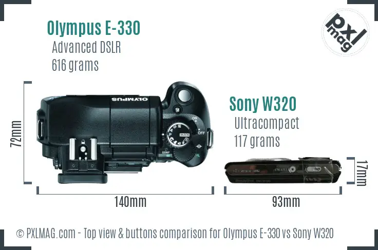 Olympus E-330 vs Sony W320 top view buttons comparison