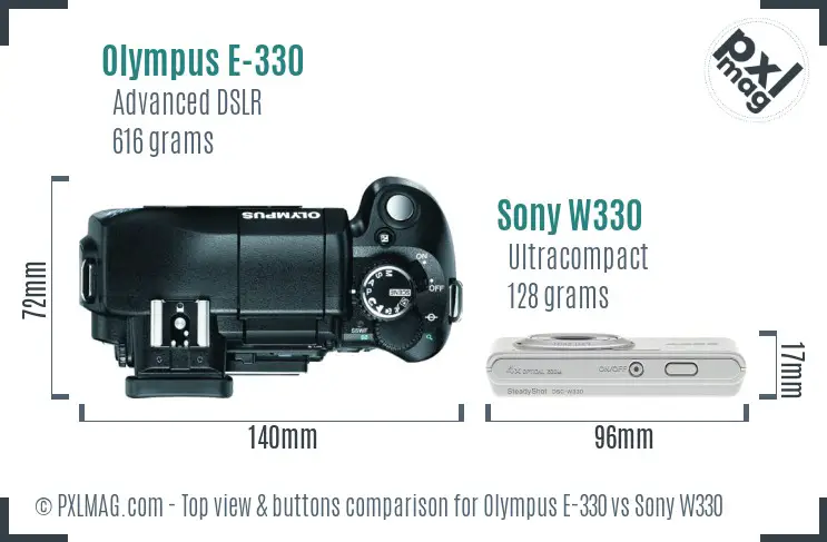 Olympus E-330 vs Sony W330 top view buttons comparison