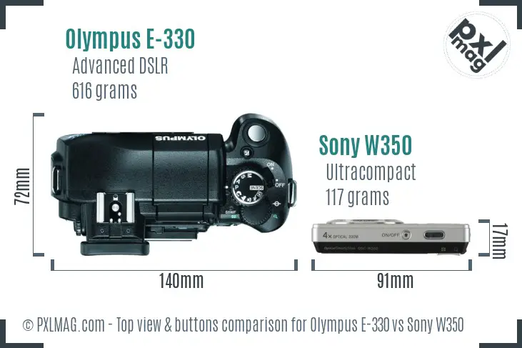 Olympus E-330 vs Sony W350 top view buttons comparison