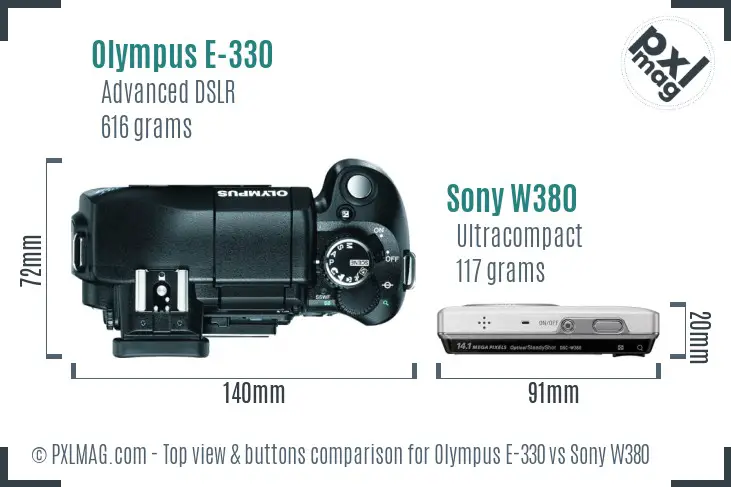 Olympus E-330 vs Sony W380 top view buttons comparison