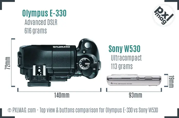 Olympus E-330 vs Sony W530 top view buttons comparison