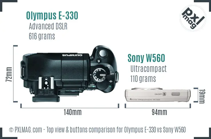 Olympus E-330 vs Sony W560 top view buttons comparison