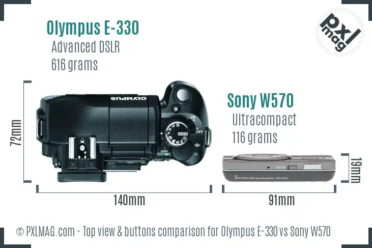 Olympus E-330 vs Sony W570 top view buttons comparison