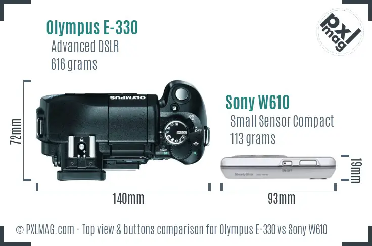 Olympus E-330 vs Sony W610 top view buttons comparison