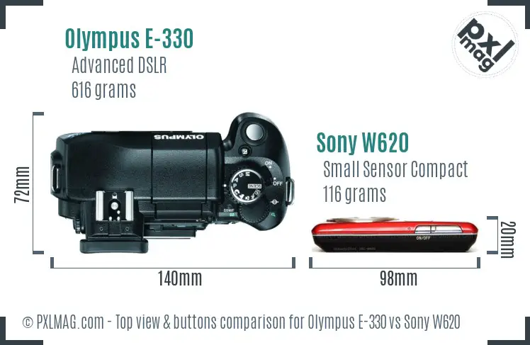 Olympus E-330 vs Sony W620 top view buttons comparison