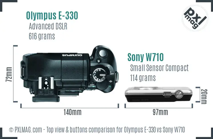 Olympus E-330 vs Sony W710 top view buttons comparison