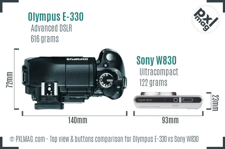 Olympus E-330 vs Sony W830 top view buttons comparison