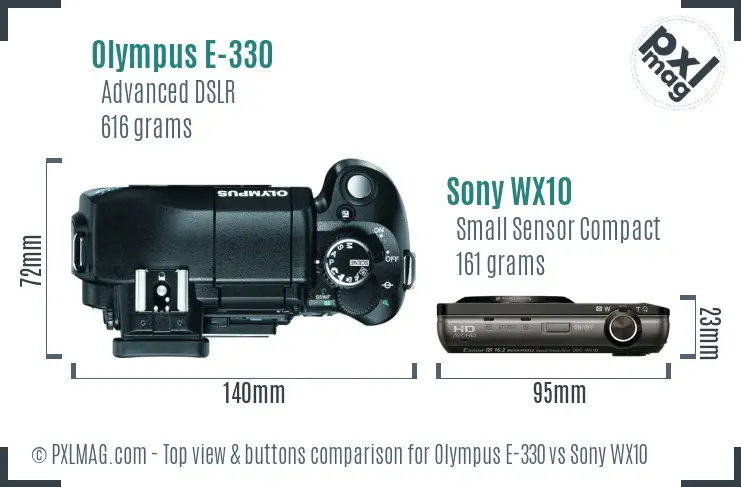 Olympus E-330 vs Sony WX10 top view buttons comparison