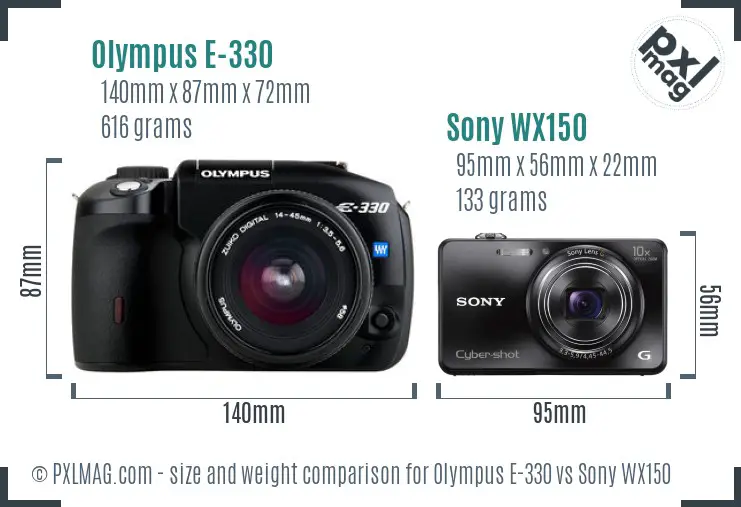 Olympus E-330 vs Sony WX150 size comparison